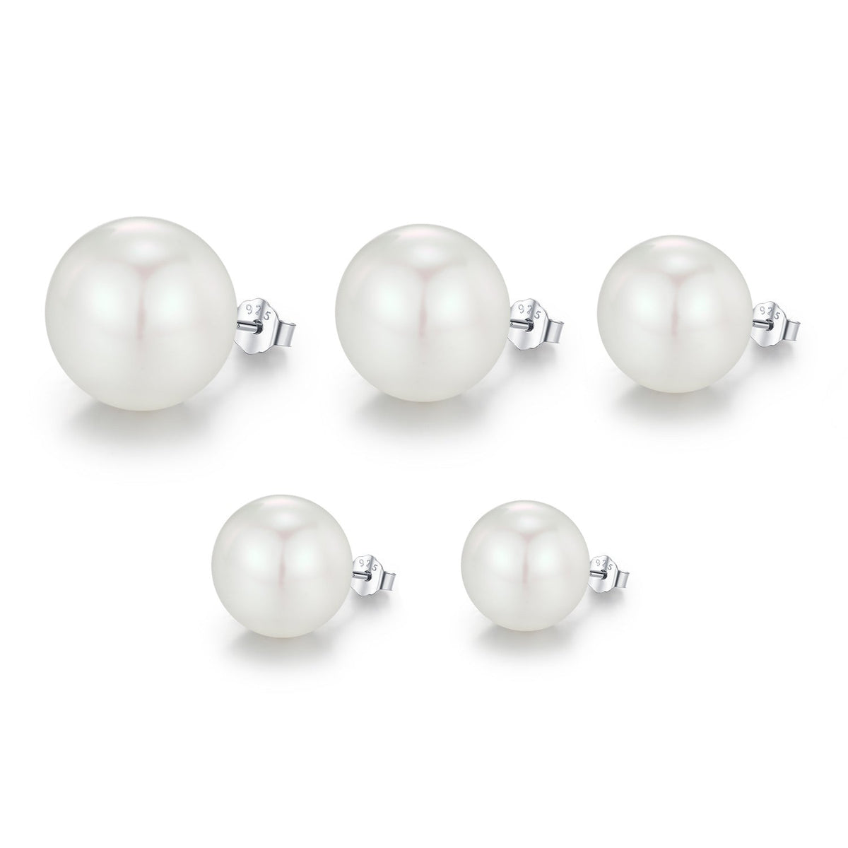Geometric Pearl Stud Earrings in Sterling Silver with Clear Crystal Accents