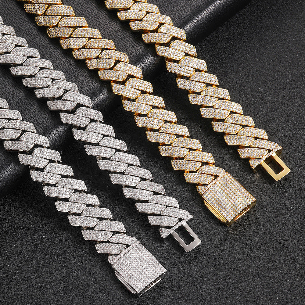 Triple-Row Diamond-Cut Cuban Chain Necklace with Cubic Zirconia Accents – Bold Hip Hop Style