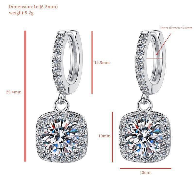 S925 Rainbow Green Moissanite Square Halo Earrings with Pavé-Set Halo & Hoop, 1ct D-Grade VVS1 Round Moissanite with GAR certification, Sterling Silver Earrings