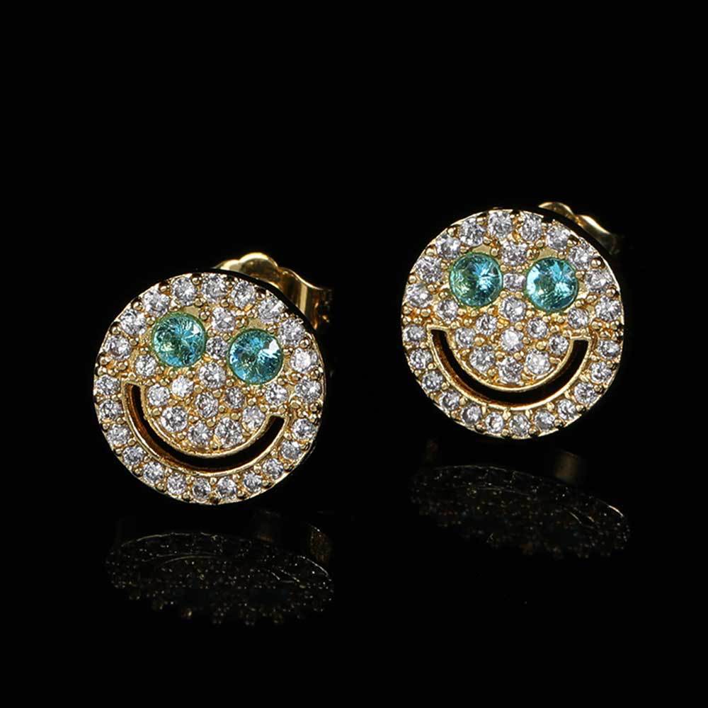 Smiling Face Zirconia Stud Earrings in Gold or White Gold Plated Brass with 925 Sterling Silver Posts