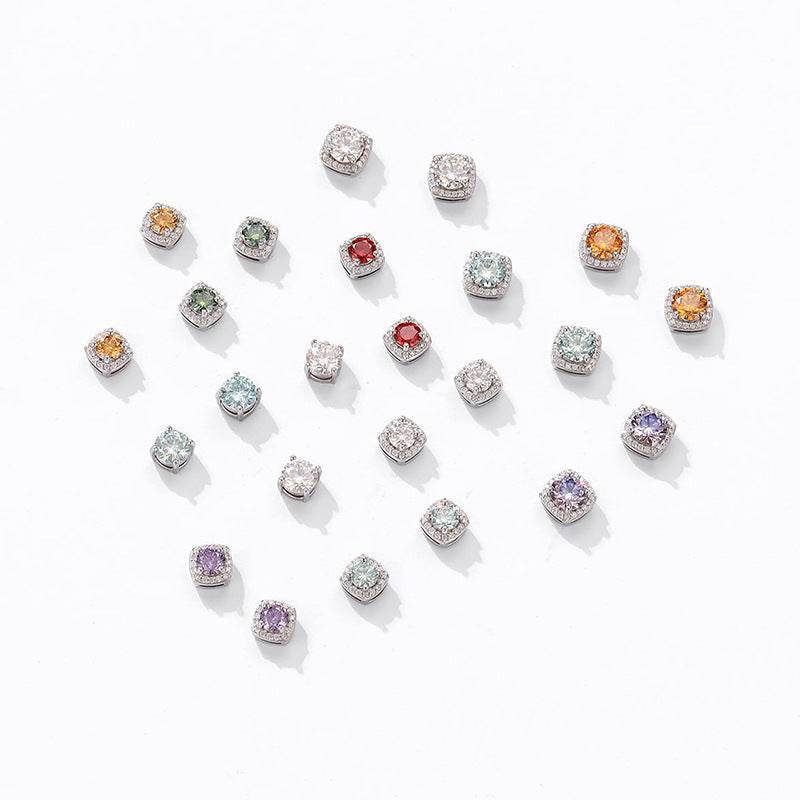 S925 Magnetic Multicolor Moissanite Square Halo Stud Earrings for Men Women,  0.5/1ct Round Cut, Inlaid Magnetic Earrings Non-Piercing Clip On Stud Earring