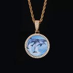Hip Hop Round Photo Pendant Necklace with Cubic Zirconia in Gold or White Gold