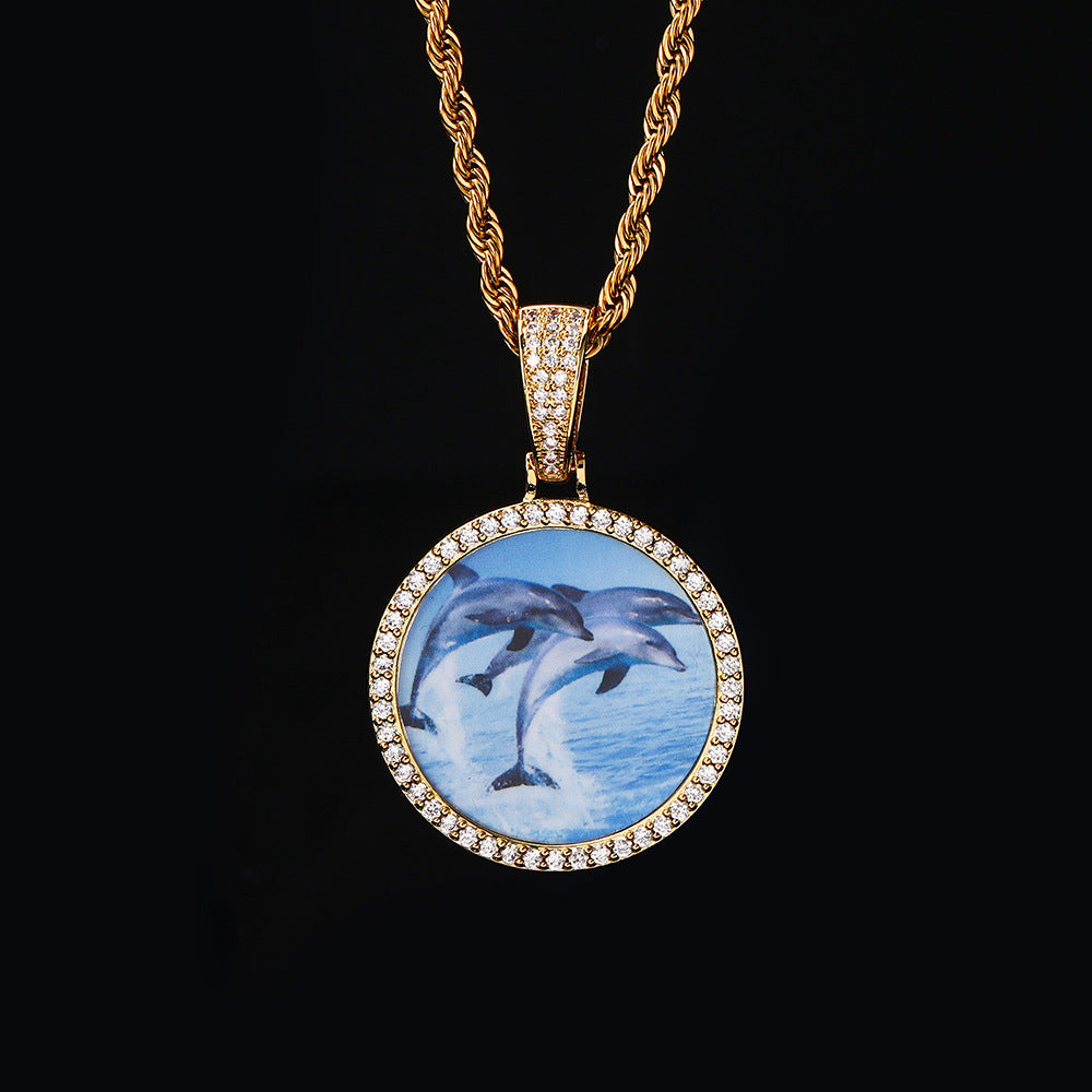 Hip Hop Round Photo Pendant Necklace with Cubic Zirconia in Gold or White Gold