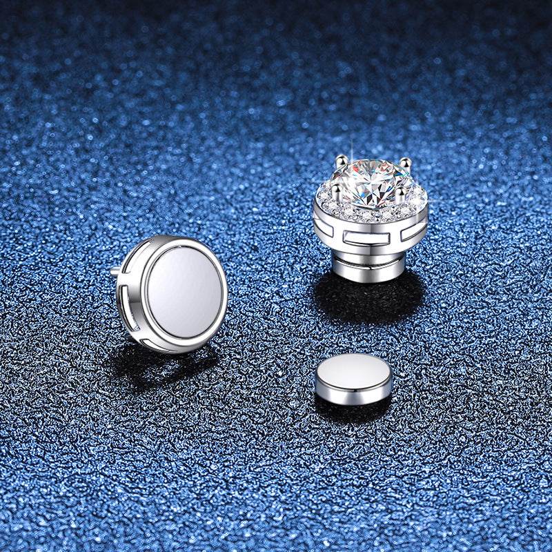 S925 Magnetic Moissanite / CZ Round Halo Stud Earrings for Men Women, 1ct 6.5mm Round Cut, Inlaid Magnetic Earrings Non-Piercing Clip On Stud Earring
