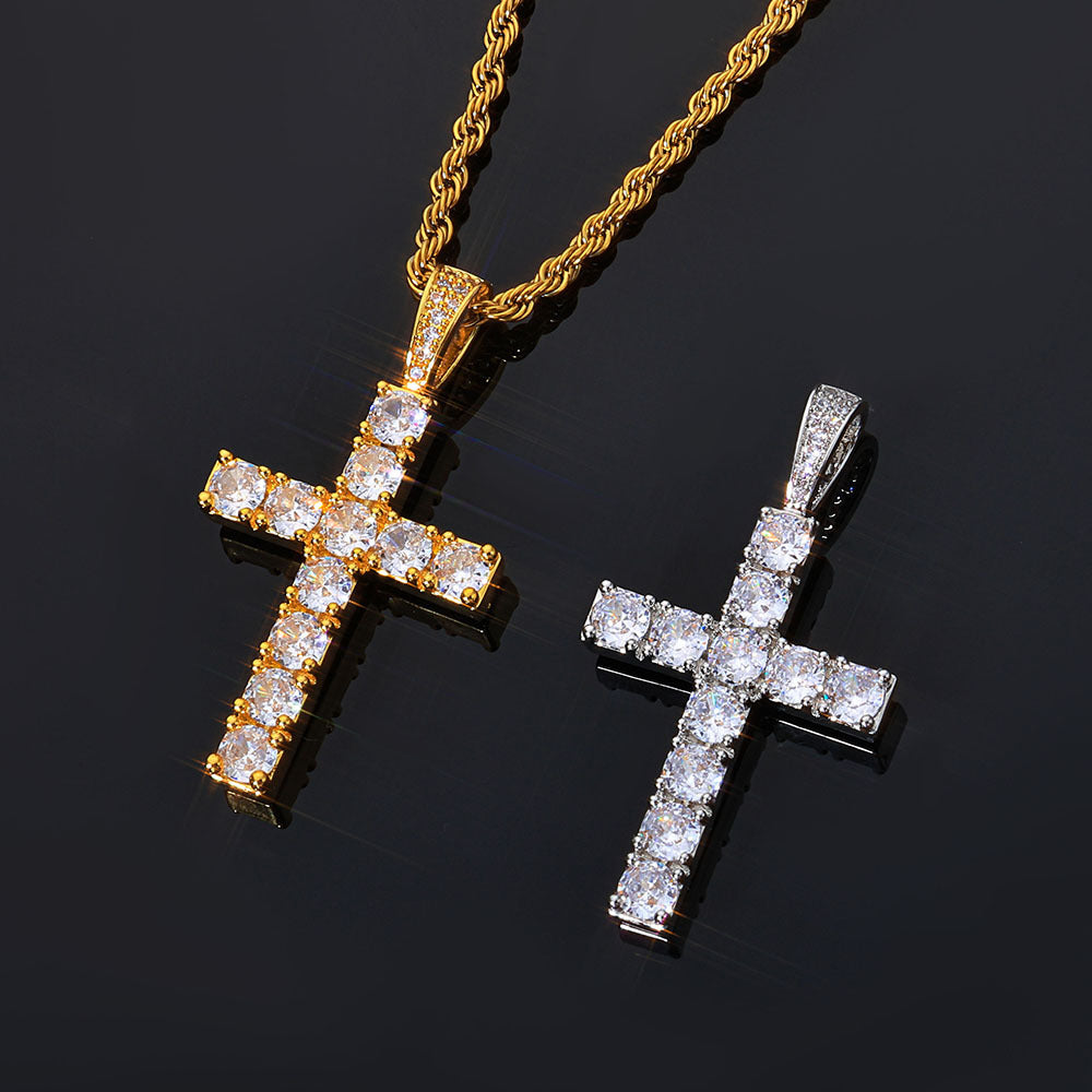 Oversized Hip Hop Cross Necklace for Men – White Gold Plated Copper with Cubic Zirconia Stones