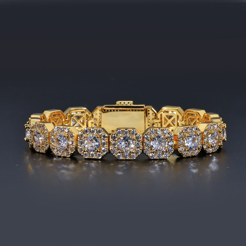 Stacking Geometric Zirconia-Set Hip Hop Chain Bracelet in Gold or White Gold – 10mm or 12mm Width