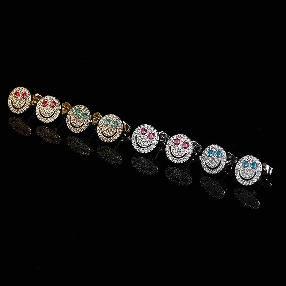Smiling Face Zirconia Stud Earrings in Gold or White Gold Plated Brass with 925 Sterling Silver Posts