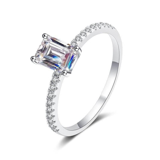 S925 Emerald Cut Moissanite Engagement Ring, Sterling Silver Promise Ring with Pavé Band, Dainty CZ Bridal Wedding Jewelry, Gift for Her