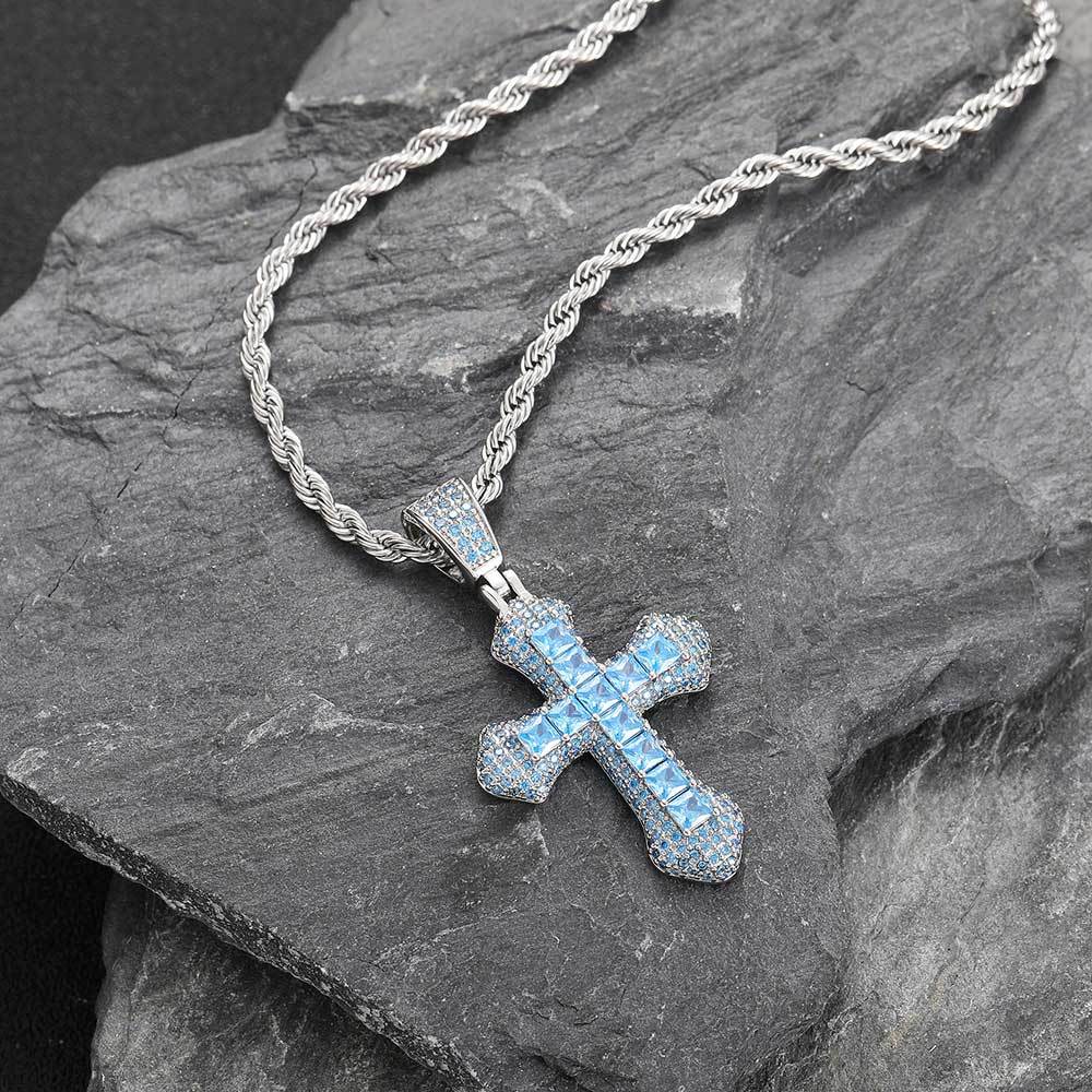 Geometric Cross Pendant Necklace with Cubic Zirconia Stones in Gold, White Gold, or Dual-Tone Finish