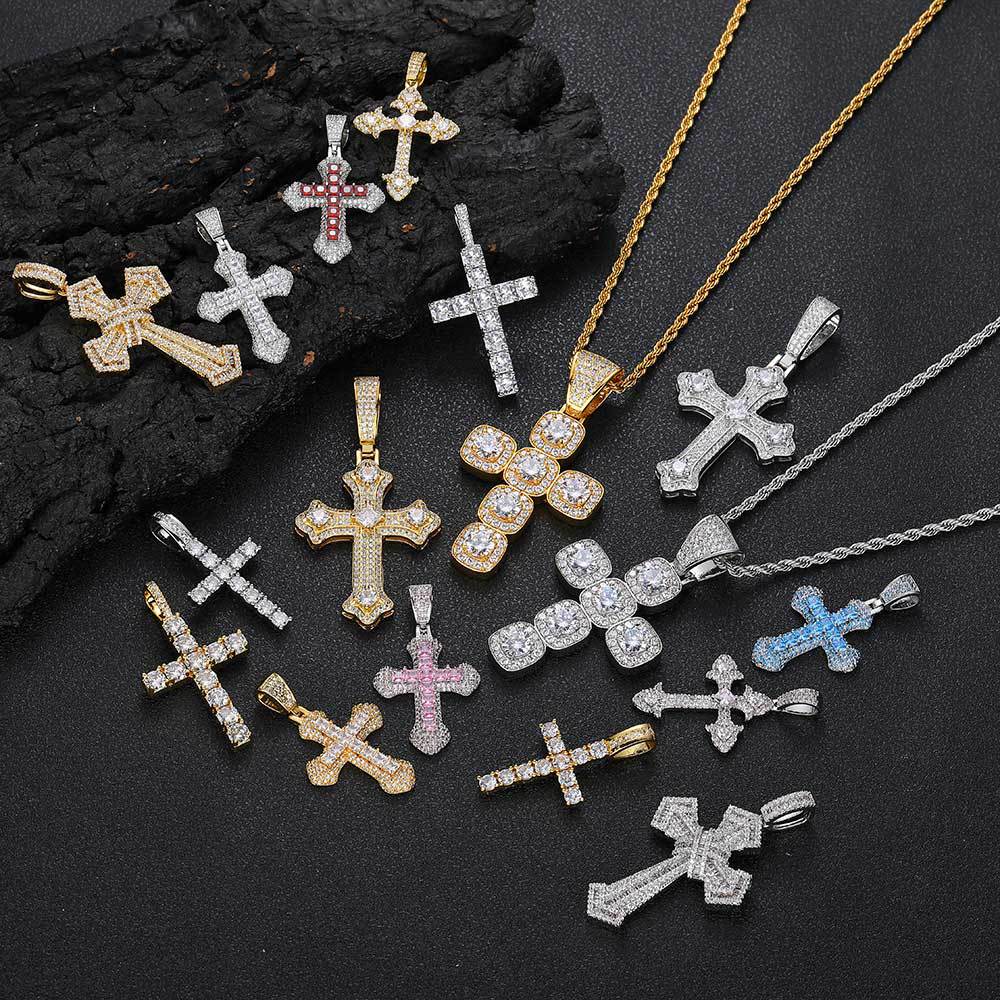 Geometric Cross Pendant Necklace with Cubic Zirconia Stones in Gold, White Gold, or Dual-Tone Finish