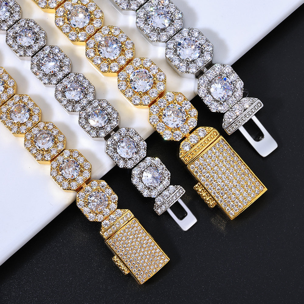 Stacking Geometric Zirconia-Set Hip Hop Chain Bracelet in Gold or White Gold – 10mm or 12mm Width