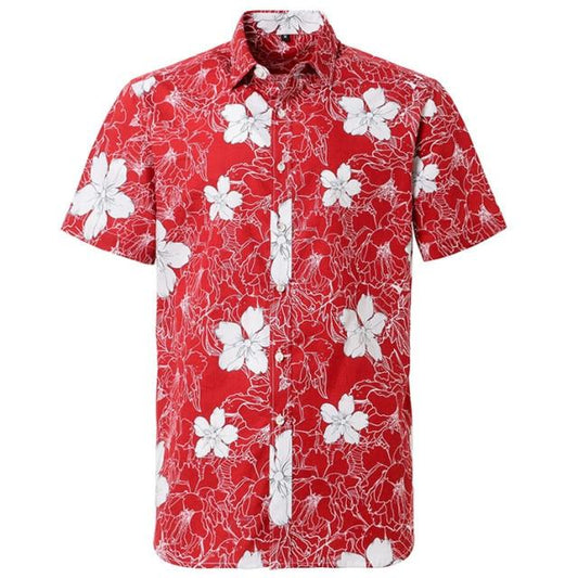 Red Hibiscus Hawaiian Cotton Short Sleeve Shirt