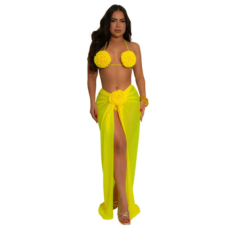 Flower pop three piece swimsuit