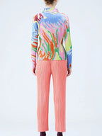 Women Pleated Print Long Sleeve Polo Shirt