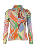 Women Pleated Print Long Sleeve Polo Shirt