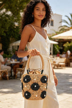 Faux Straw Flower Barrel Clutch Tote