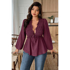Plus Size Solid V Neck Lace Patchwork Shirt