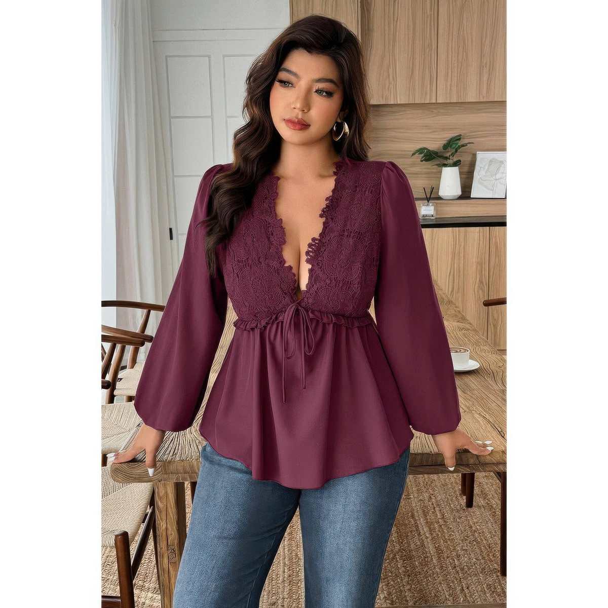 Plus Size Solid V Neck Lace Patchwork Shirt