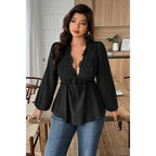 Plus Size Solid V Neck Lace Patchwork Shirt