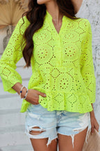 Solid Half Button Flounce Sleeve Peplum Blouse