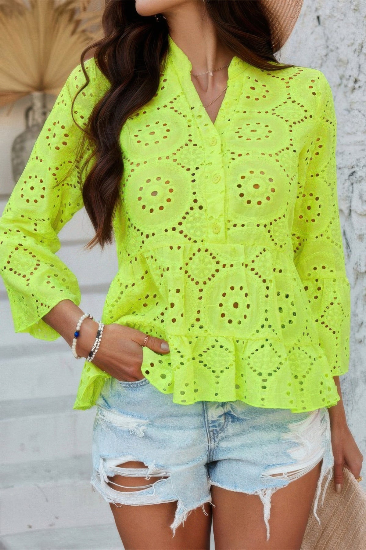 Solid Half Button Flounce Sleeve Peplum Blouse