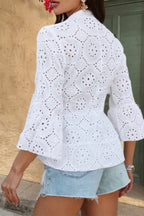 Solid Half Button Flounce Sleeve Peplum Blouse