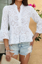 Solid Half Button Flounce Sleeve Peplum Blouse