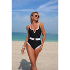 One Piece Color Block Metal Buckle Belt Swimsuit