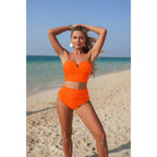 Two Piece Solid Strap High Waiste Pleated Bikini