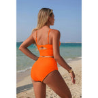 Two Piece Solid Strap High Waiste Pleated Bikini