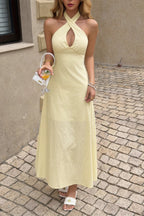 Solid Yellow Halter Cross Neck Backless Maxi Dress