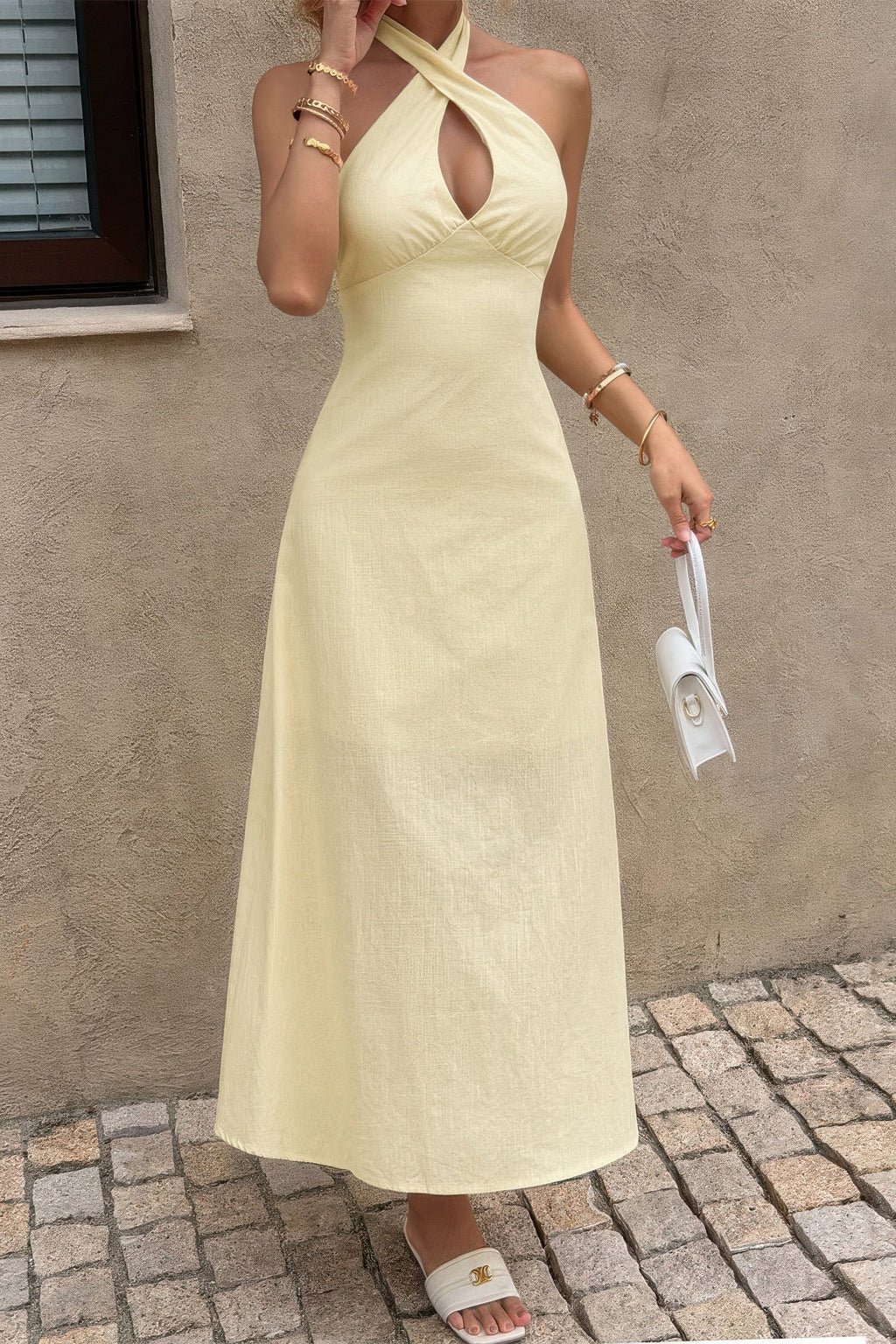 Solid Yellow Halter Cross Neck Backless Maxi Dress