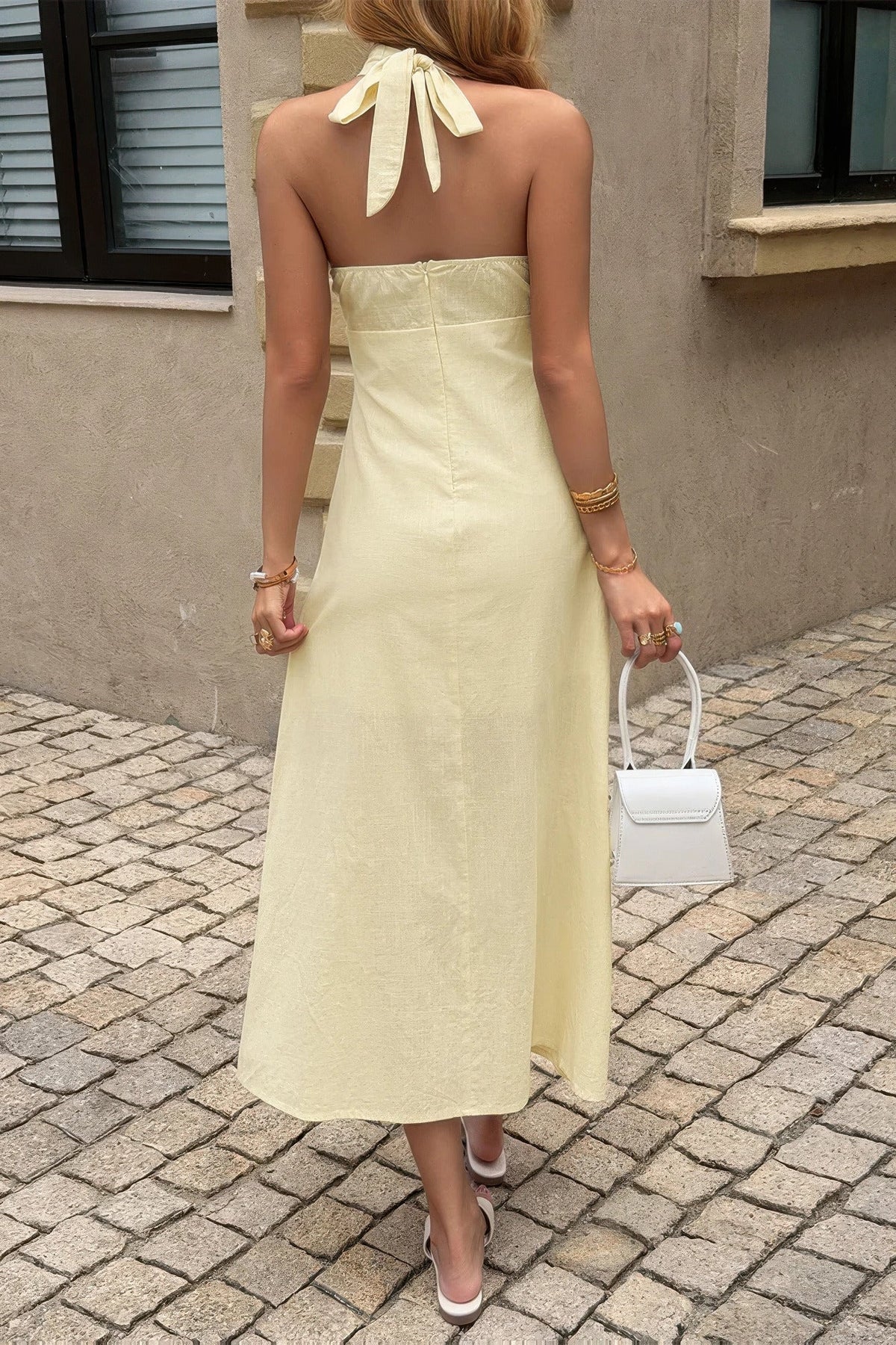Solid Yellow Halter Cross Neck Backless Maxi Dress