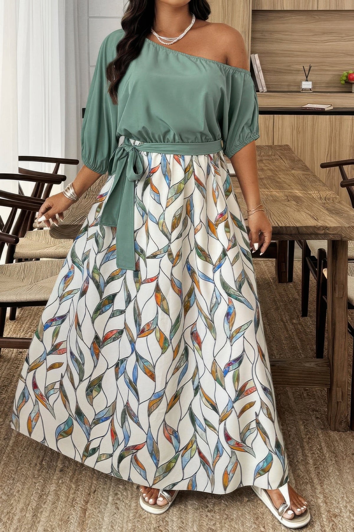 Plus Size Floral Twist Waist One Shoulder Dress