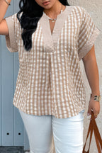 Plus Size V Neck Textured Plaid Patchwork Blouse