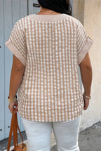 Plus Size V Neck Textured Plaid Patchwork Blouse