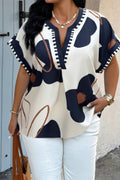 Plus Size Notch V Neck Floral Short Sleeve Shirt
