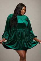 Plus Size 1XL Green Velvet Tiered Mini Dress