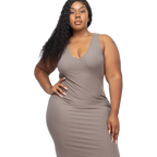 Size 2XL Ribbed V-Neck Front and Back Bodycon Dress, Taupe