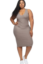 Size 2XL Ribbed V-Neck Front and Back Bodycon Dress, Taupe