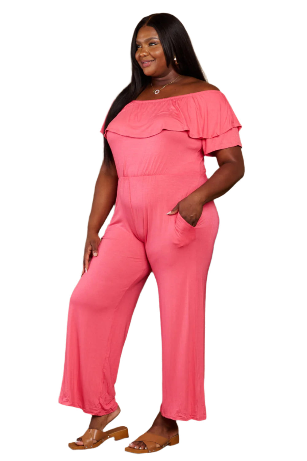 2XL Off-Shoulder Jumpsuit with Pockets in Coral Color