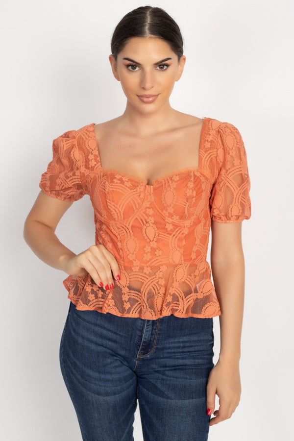 Size Medium Sheer Lace Sweetheart Flounce Top Rust Color