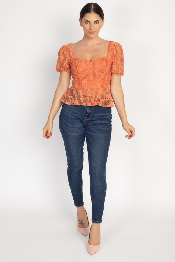 Size Medium Sheer Lace Sweetheart Flounce Top Rust Color