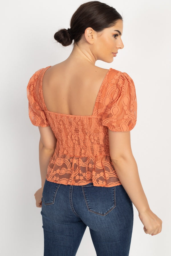 Size Medium Sheer Lace Sweetheart Flounce Top Rust Color