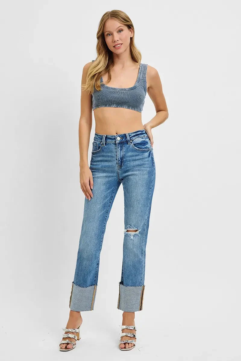RISEN Jeans - Plus Size High Rise Straight Wide Cuffed Jeans