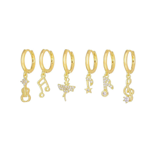 6 Pieces Melody Charm Notes Earring Set, 18k Gold Hoop with Drops, S925 Needle, Stacked Lobe Designs with Dazzling Zirconia