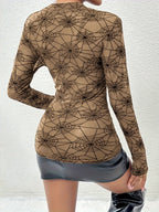 Spider Web Print Mesh Long Sleeve Blouse