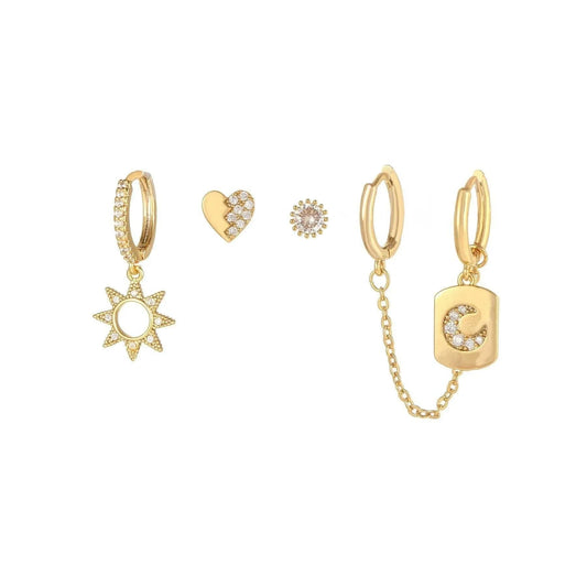 5 Pieces Sun & Moon Romance Earring Set, 18k Gold Hoop Stud Drop, S925 Needle, Stacked Lobe Designs with Dazzling Zirconia