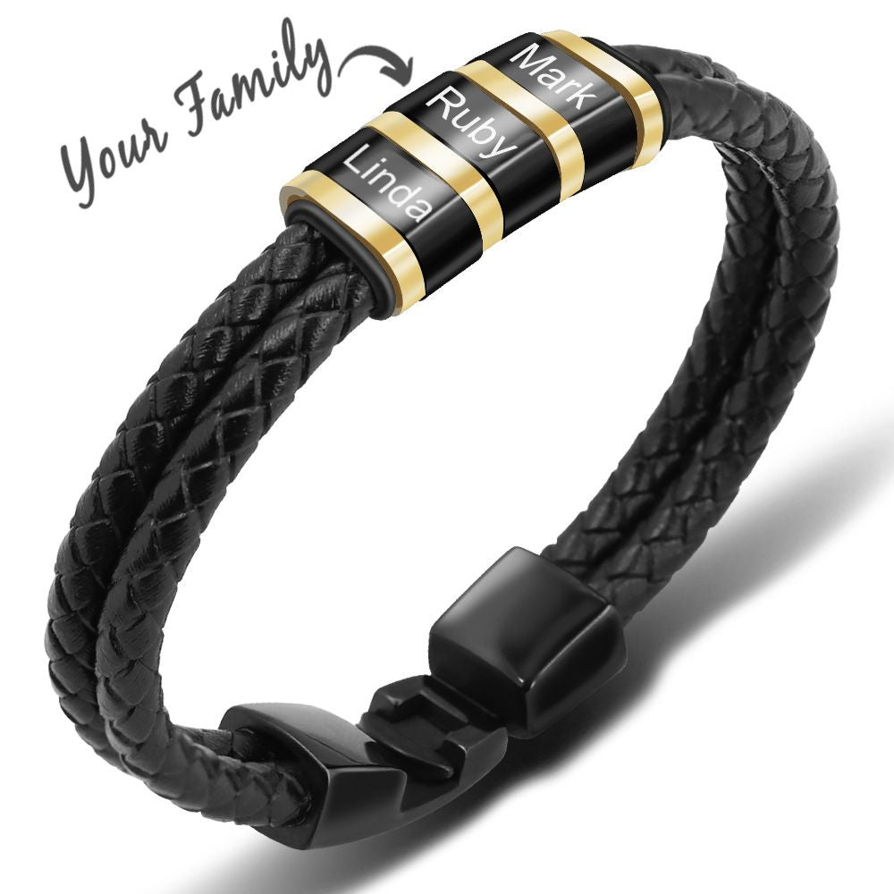 Black Leather Braided Bracelet with Stainless Steel Beads