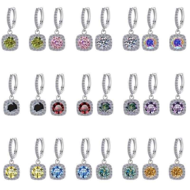 S925 Rainbow Green Moissanite Square Halo Earrings with Pavé-Set Halo & Hoop, 1ct D-Grade VVS1 Round Moissanite with GAR certification, Sterling Silver Earrings